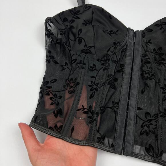 Corset Top Black Velvet Burnout Floral Sheer Bustier Whimsigoth Dark Coquette - Picture 2 of 5